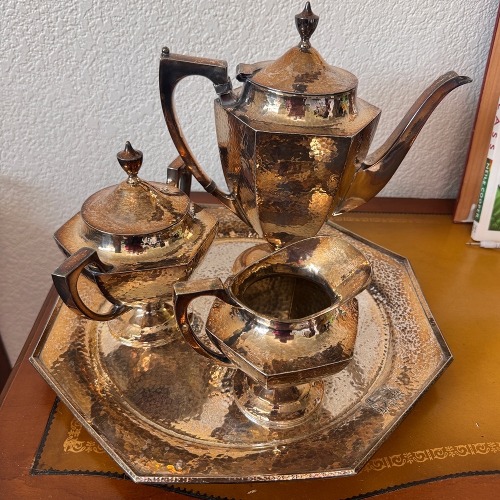 Art Deco Silver Plate Hammered Tea Service Set